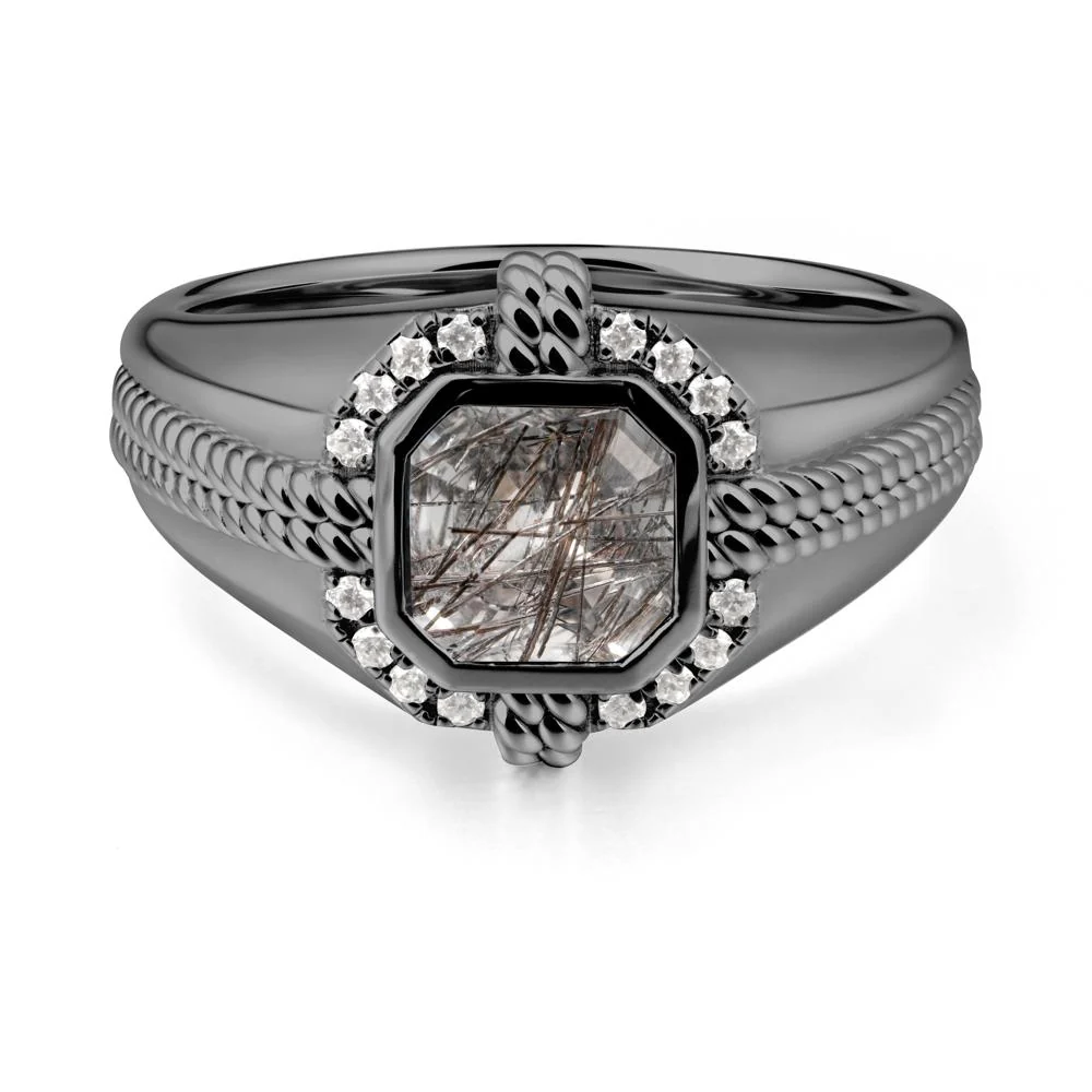 Men Black Rutilated Quartz Promise Ring with Twist Rope Design - Image 7