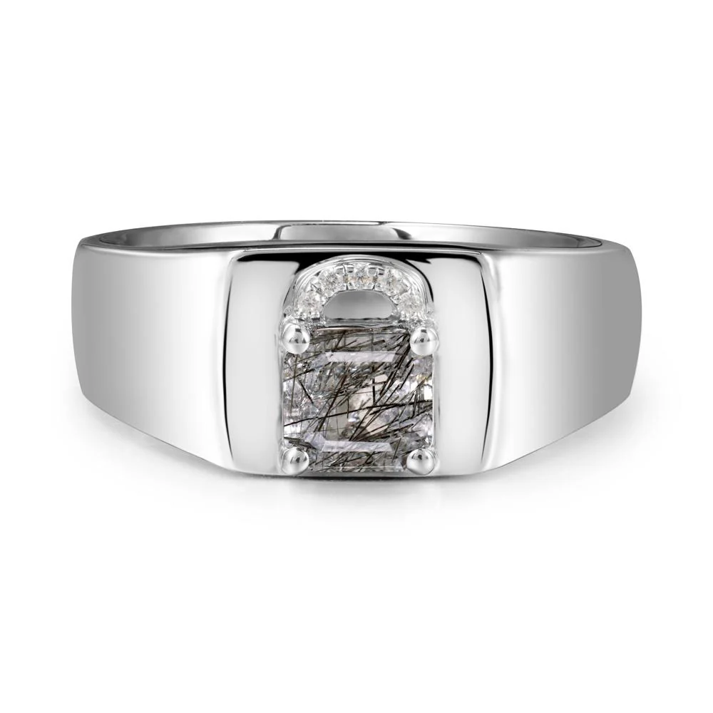 Men Black Rutilated Quartz Ring with Lock Design - Image 5