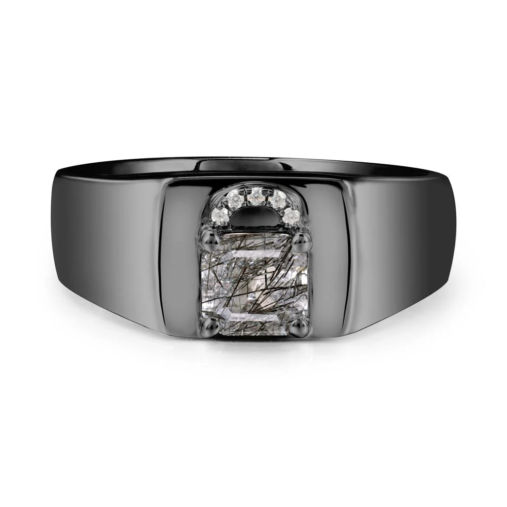 Men Black Rutilated Quartz Ring with Lock Design - Image 7
