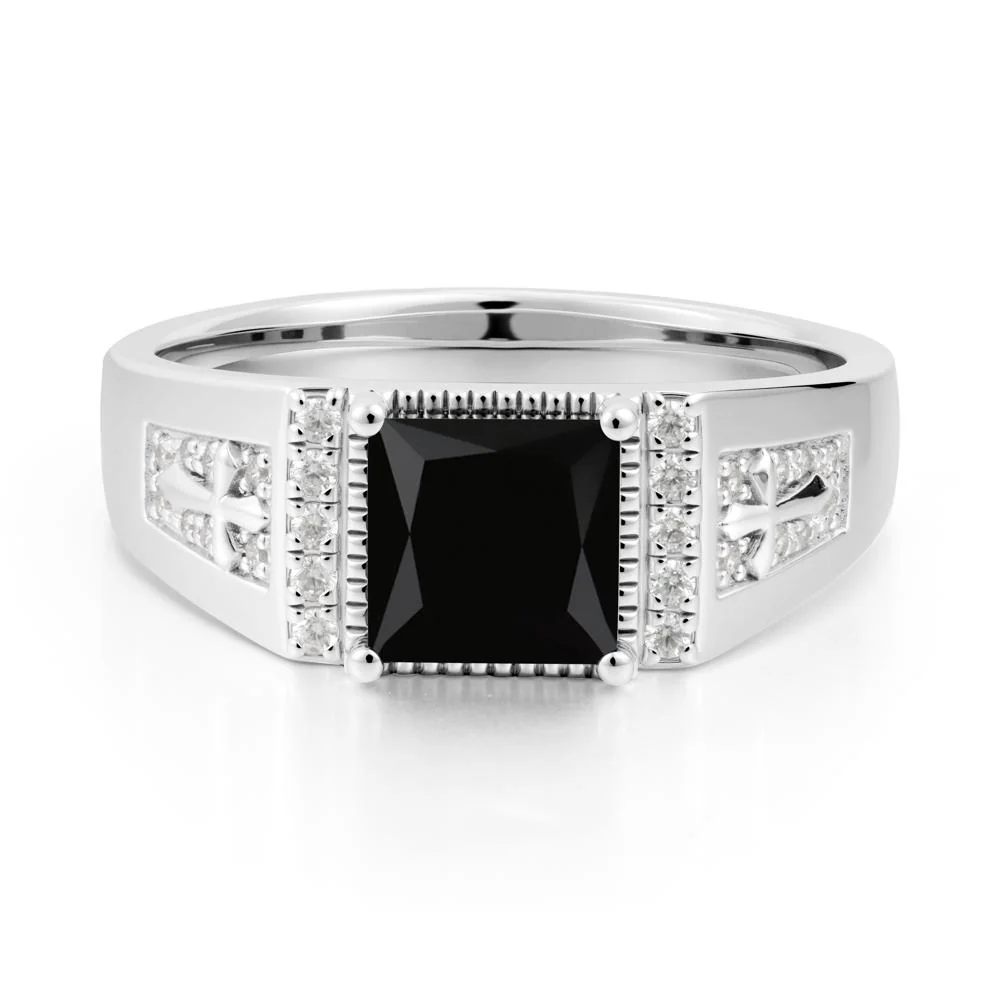 Men Black Spinel Statement Ring with Cross