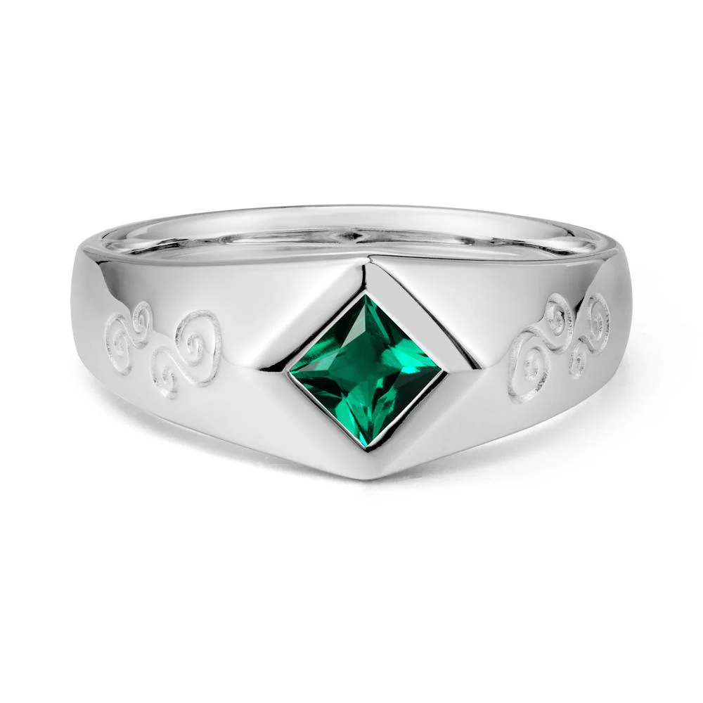 Men Emerald Scroll Engraved Ring - Image 9