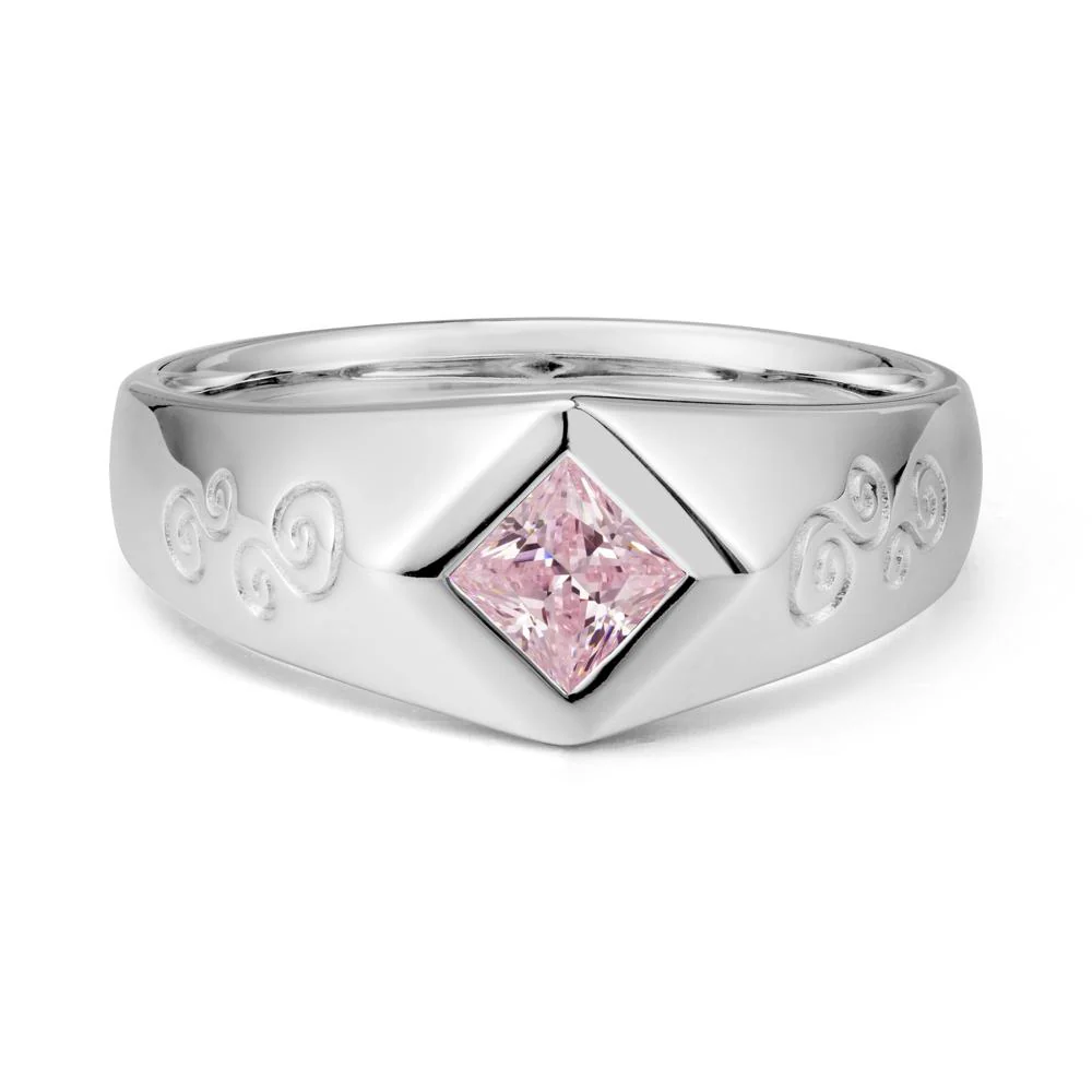Men Pink Cubic Zirconia Scroll Engraved Ring - Image 3