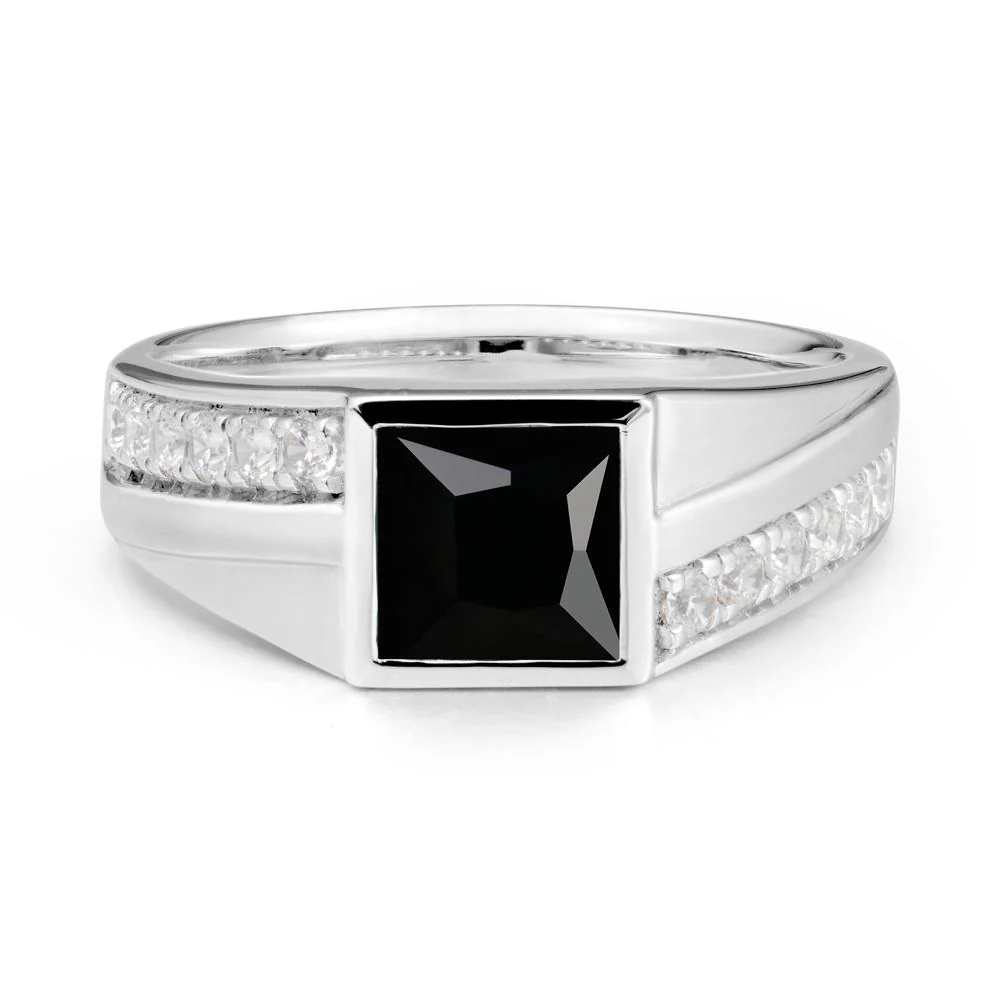 Men's Square Black Spinel Ring with Pave Accents - Image 5