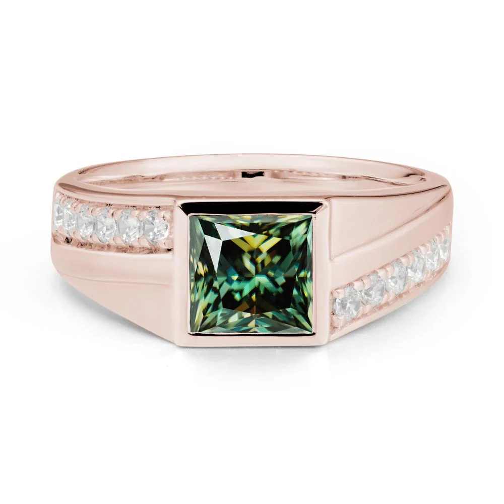 Men's Square Green Moissanite Ring with Pave Accents - Image 2