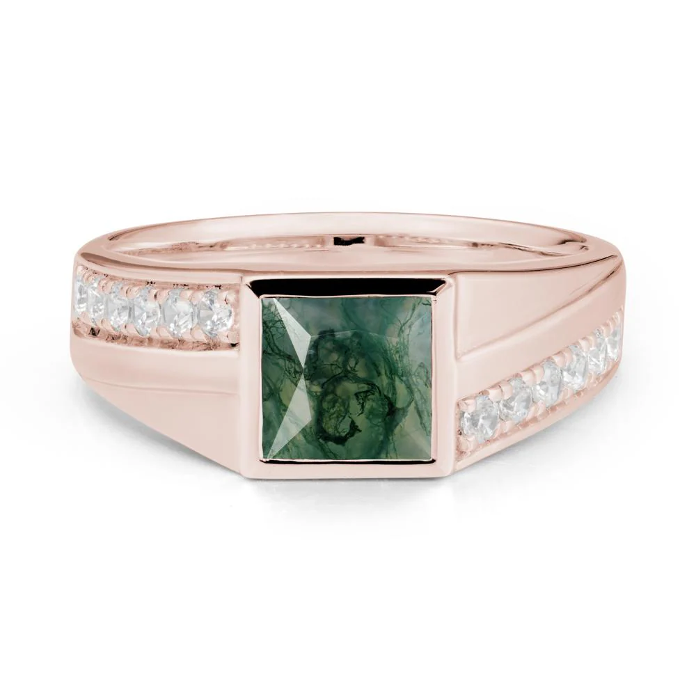 Men's Square Moss Agate Ring with Pave Accents - Image 2