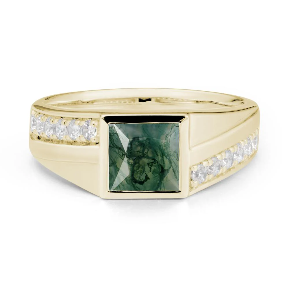 Men's Square Moss Agate Ring with Pave Accents - Image 4