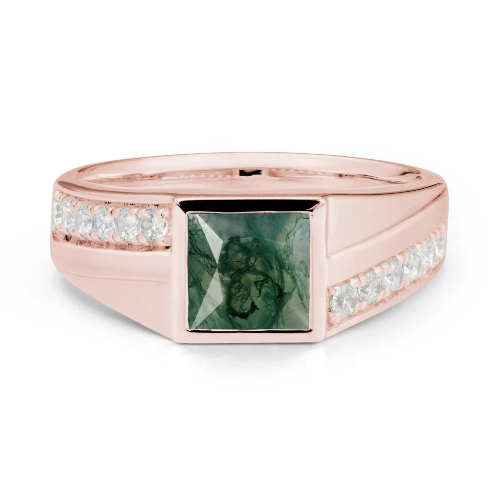 Men's Square Moss Agate Ring with Pave Accents - Image 5