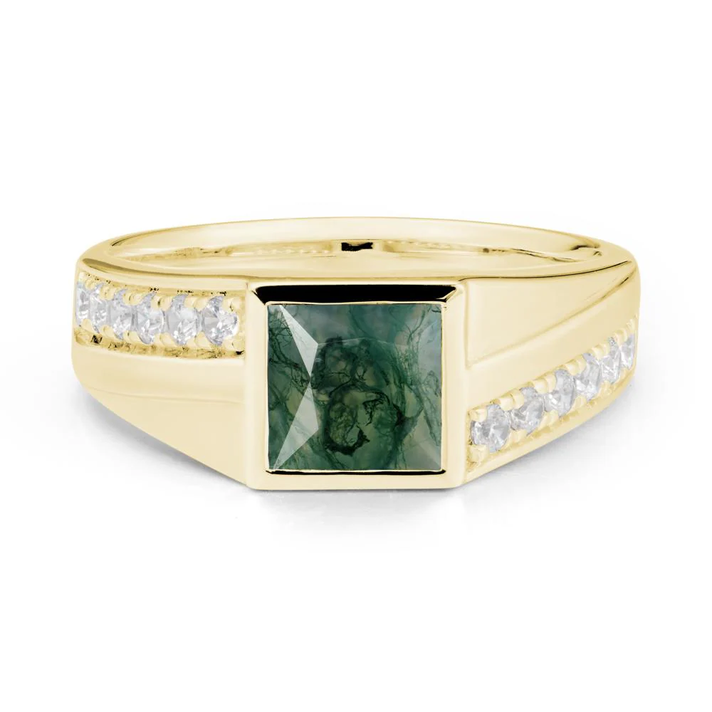 Men's Square Moss Agate Ring with Pave Accents - Image 7
