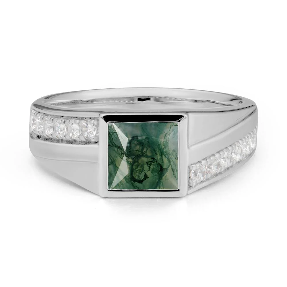 Men's Square Moss Agate Ring with Pave Accents - Image 8