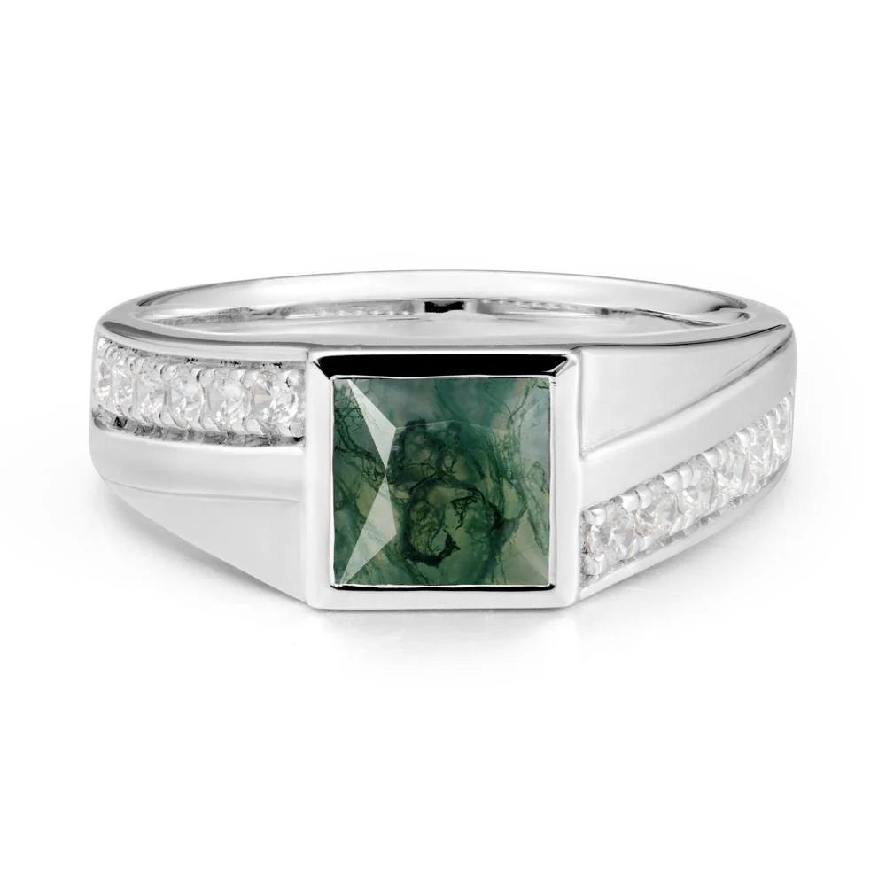 Men's Square Moss Agate Ring with Pave Accents - Image 9