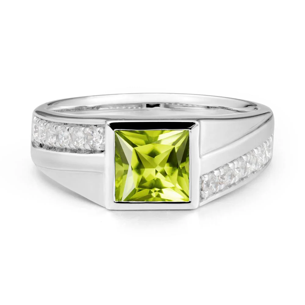 Men's Square Peridot Ring with Pave Accents - Image 6