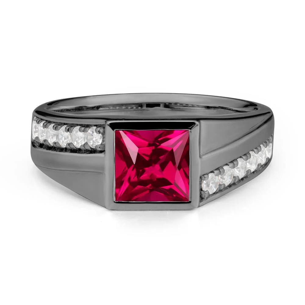Men's Square Ruby Ring with Pave Accents - Image 7