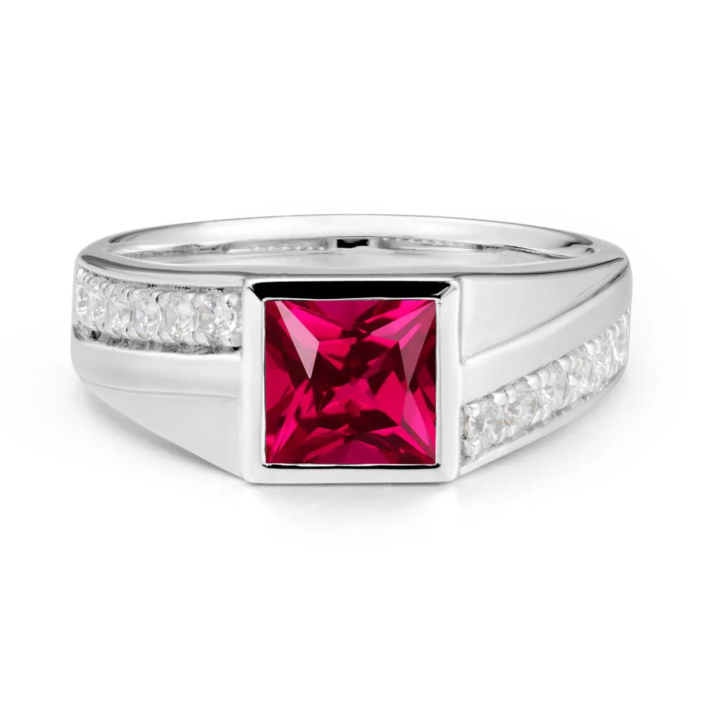 Men's Square Ruby Ring with Pave Accents - Image 9