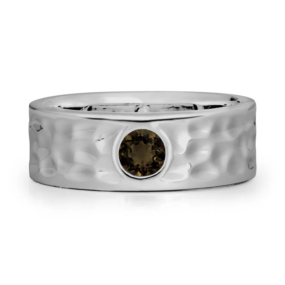 Men Wide Band Hammered Smoky Quartz Ring - Image 9