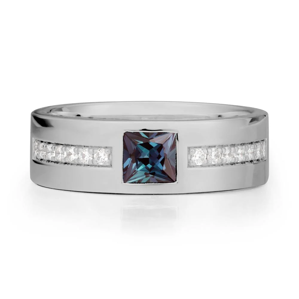 Men Wide Band Square Alexandrite Ring