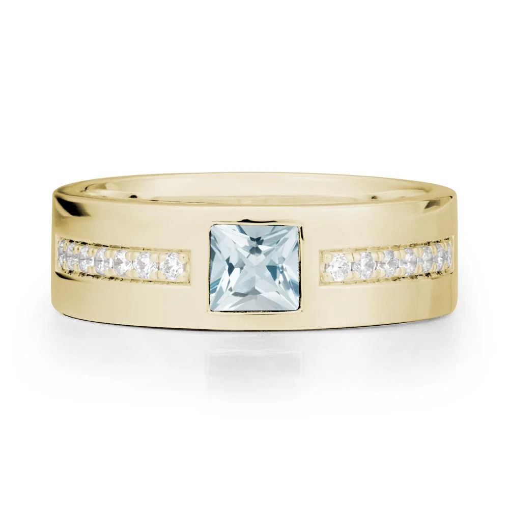 Men Wide Band Square Aquamarine Ring - Image 4