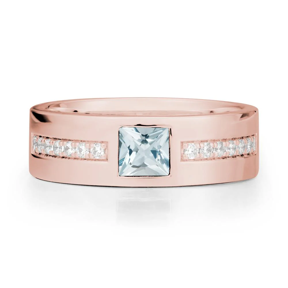 Men Wide Band Square Aquamarine Ring - Image 5