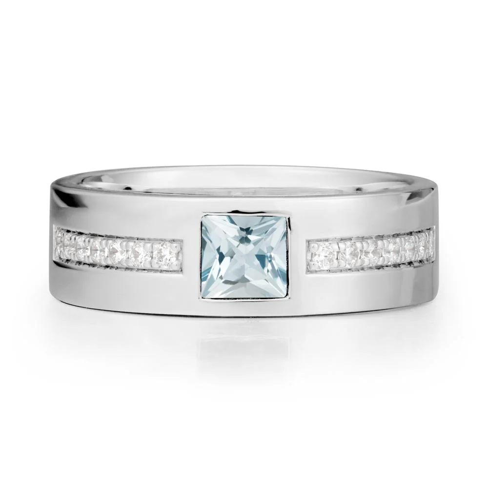 Men Wide Band Square Aquamarine Ring - Image 6