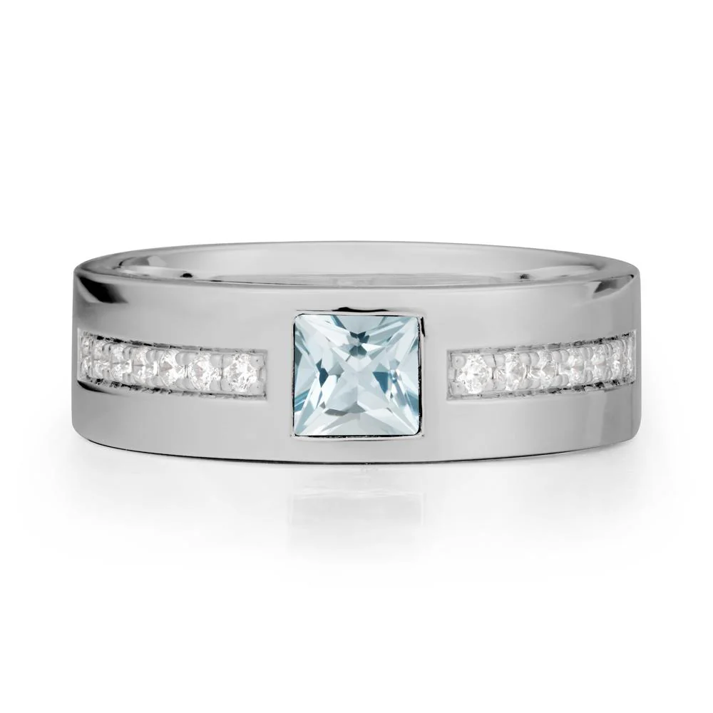 Men Wide Band Square Aquamarine Ring - Image 9