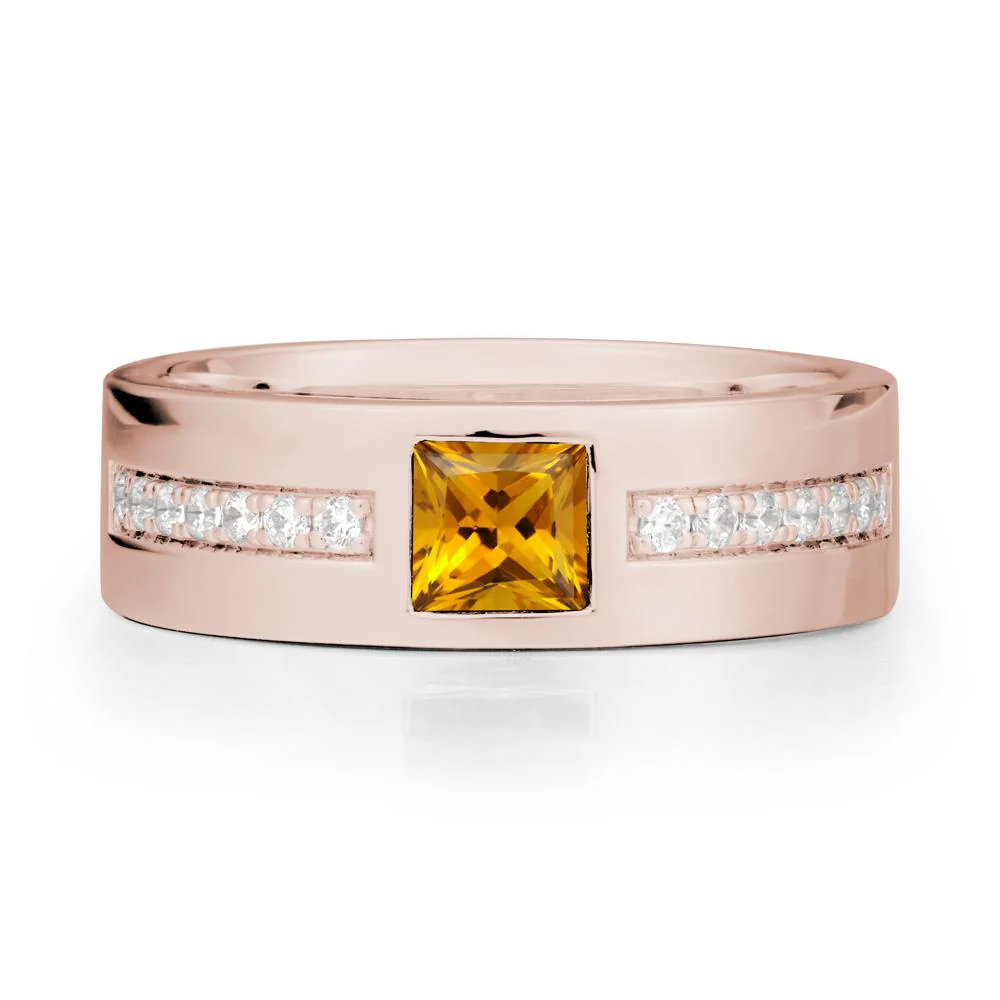 Men Wide Band Square Citrine Ring