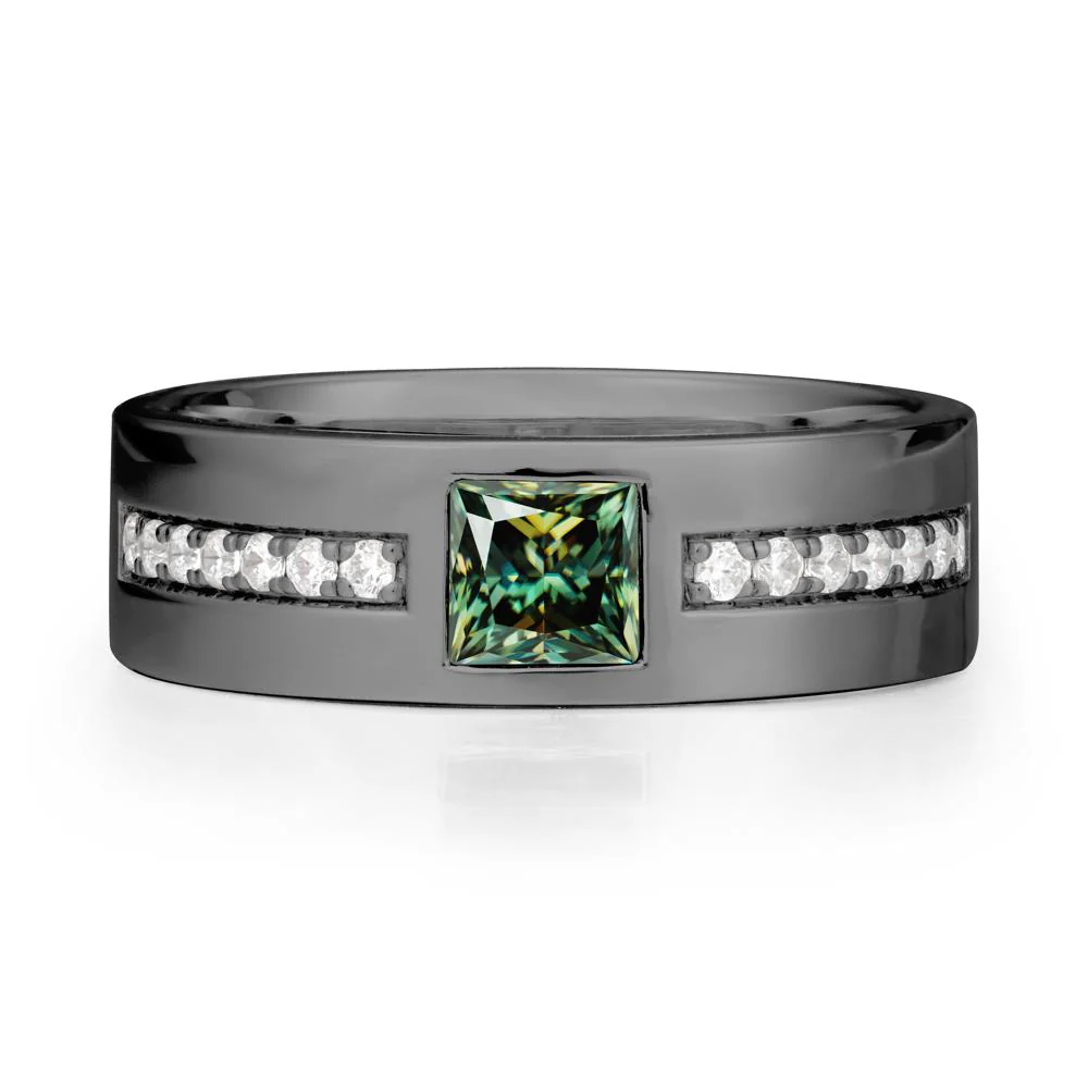Men Wide Band Square Green Moissanite Ring