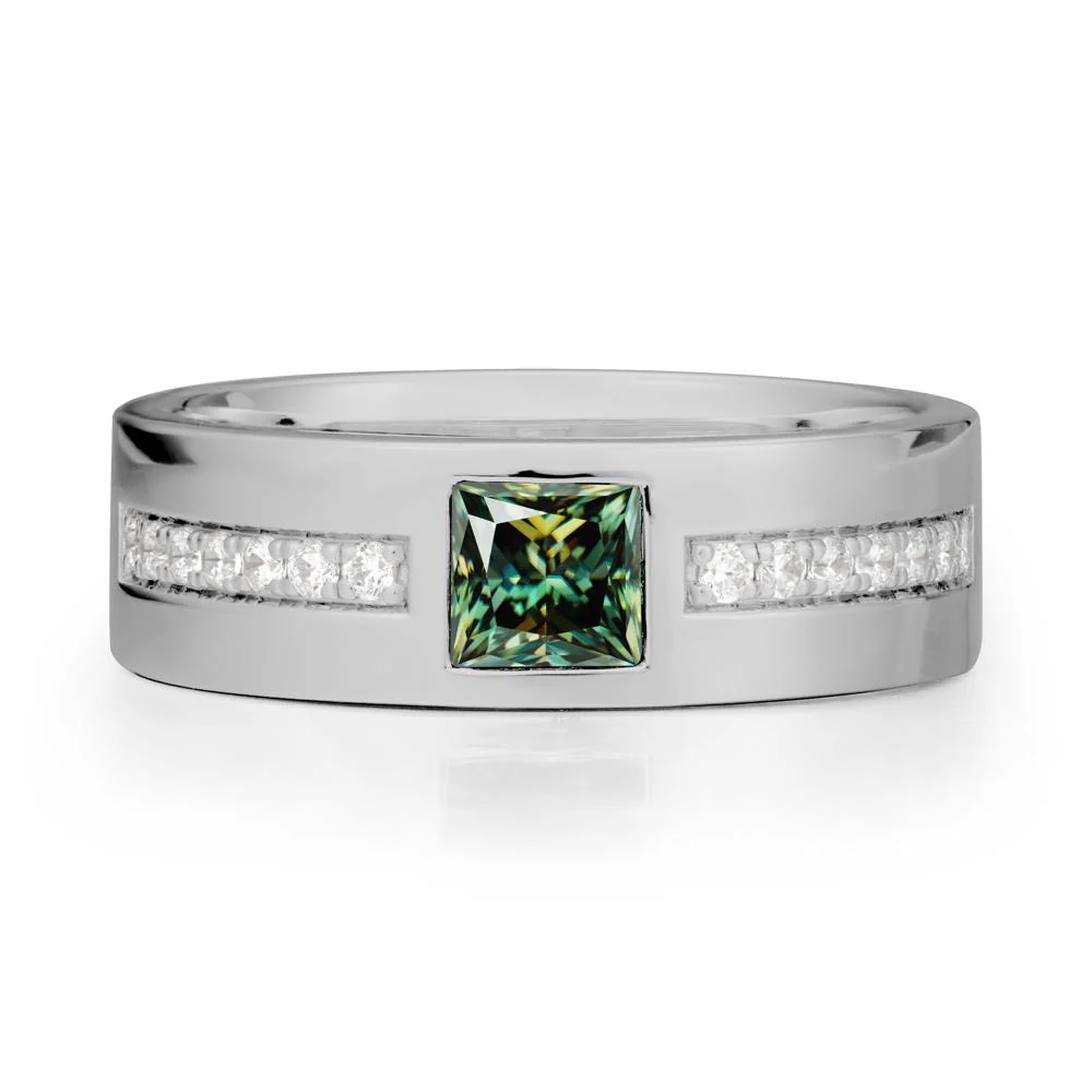 Men Wide Band Square Green Moissanite Ring - Image 8