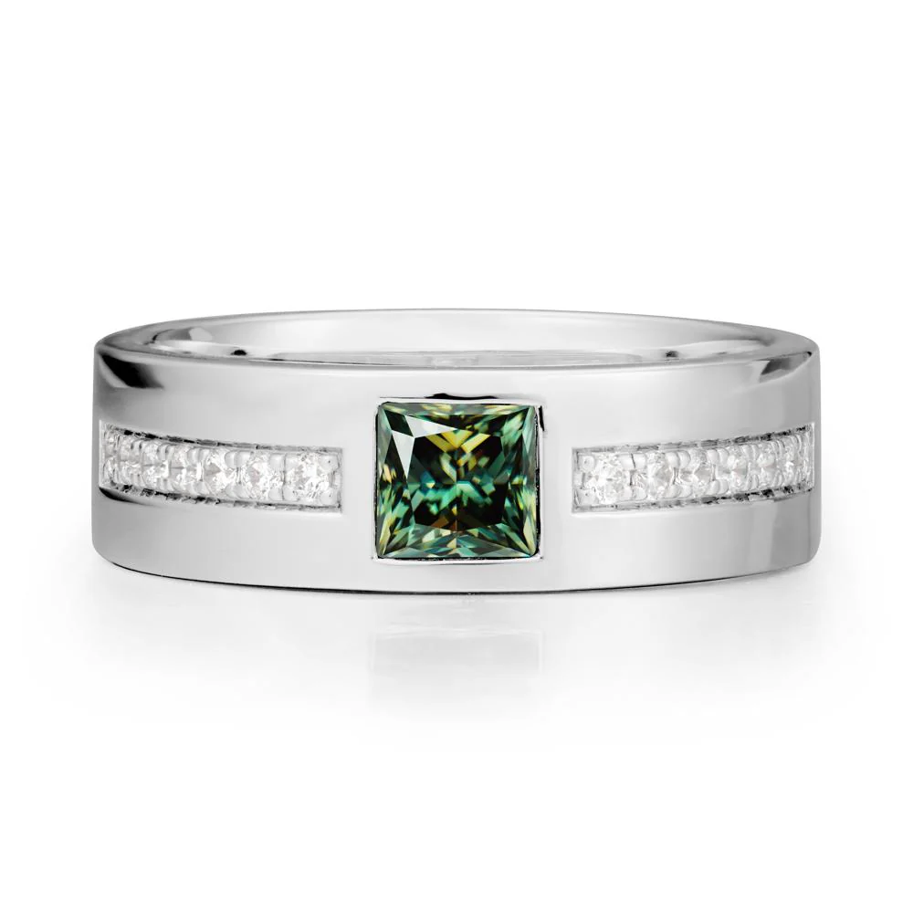 Men Wide Band Square Green Moissanite Ring - Image 9