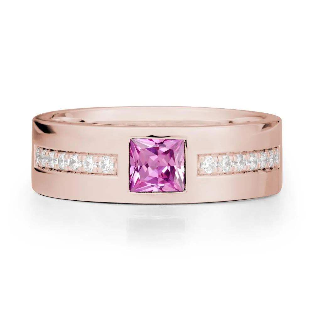 Men Wide Band Square Pink Sapphire Ring - Image 2