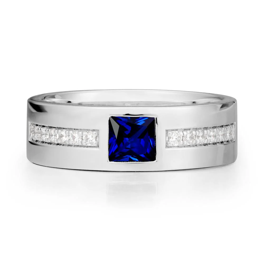 Men Wide Band Square Sapphire Ring - Image 9