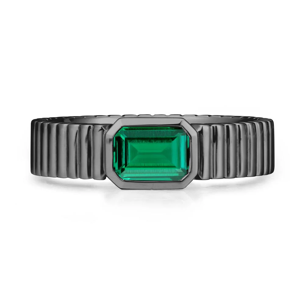 Ribbed Band Emerald Cut Emerald Ring
