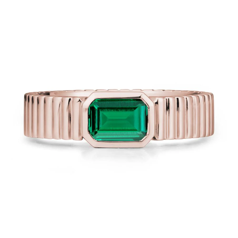 Ribbed Band Emerald Cut Emerald Ring - Image 2