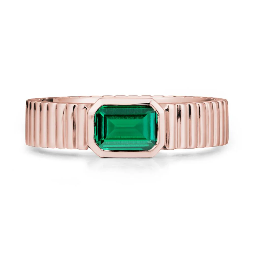 Ribbed Band Emerald Cut Emerald Ring - Image 5