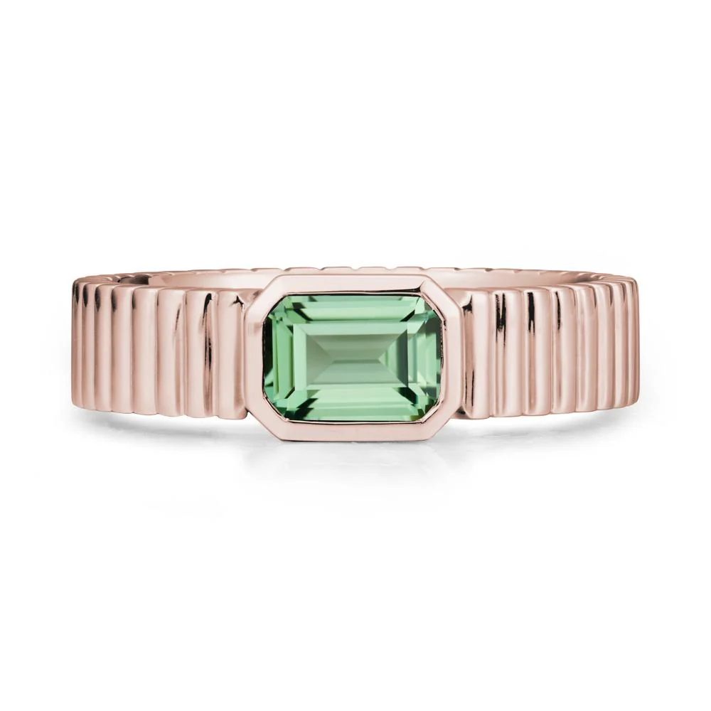 Ribbed Band Emerald Cut Green Sapphire Ring - Image 2