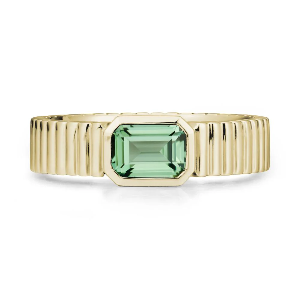Ribbed Band Emerald Cut Green Sapphire Ring - Image 4
