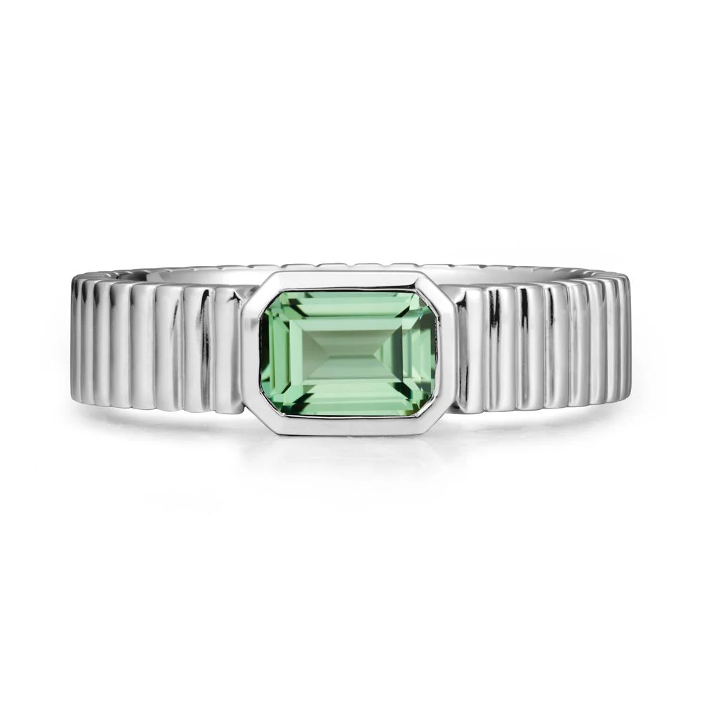 Ribbed Band Emerald Cut Green Sapphire Ring - Image 6