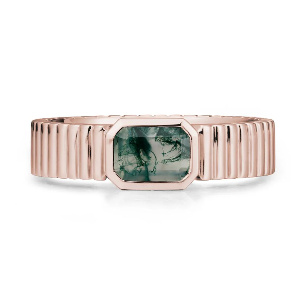 Bezel Settting Moss Agate Ring with Ribbed Band - Image 2