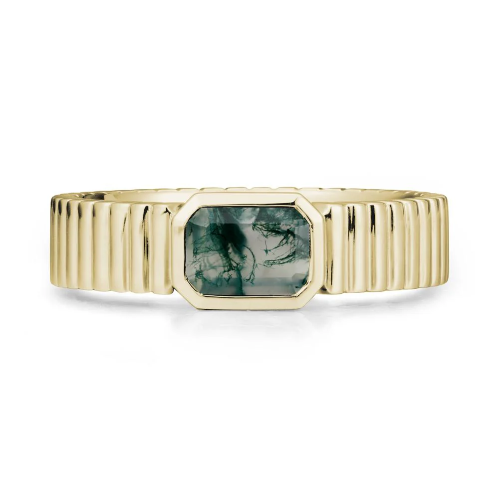 Bezel Settting Moss Agate Ring with Ribbed Band - Image 4