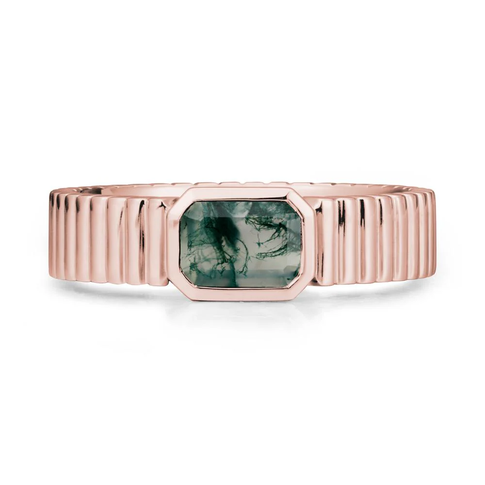 Bezel Settting Moss Agate Ring with Ribbed Band - Image 5