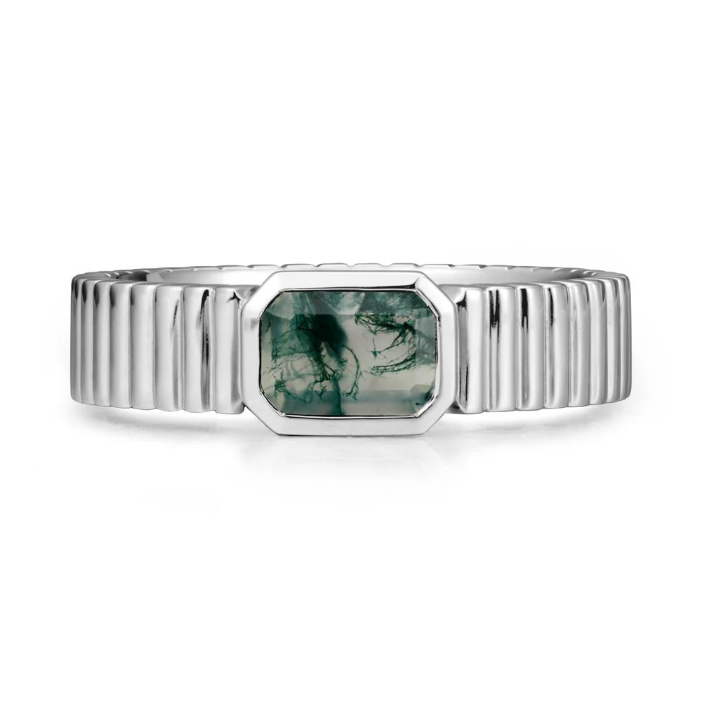 Bezel Settting Moss Agate Ring with Ribbed Band - Image 6