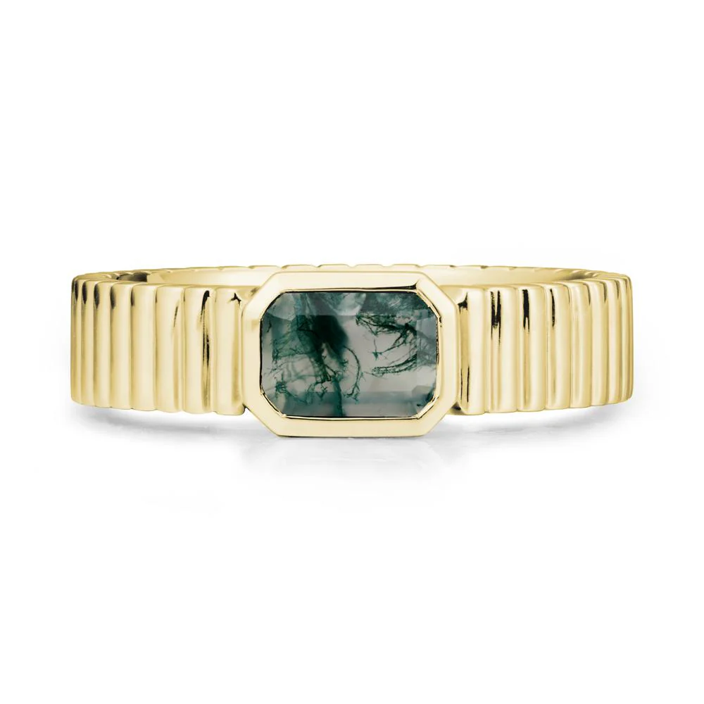Bezel Settting Moss Agate Ring with Ribbed Band - Image 7