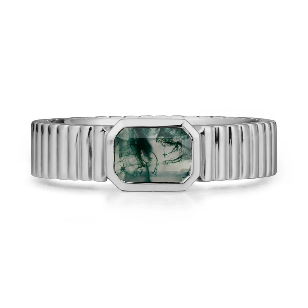 Bezel Settting Moss Agate Ring with Ribbed Band - Image 9