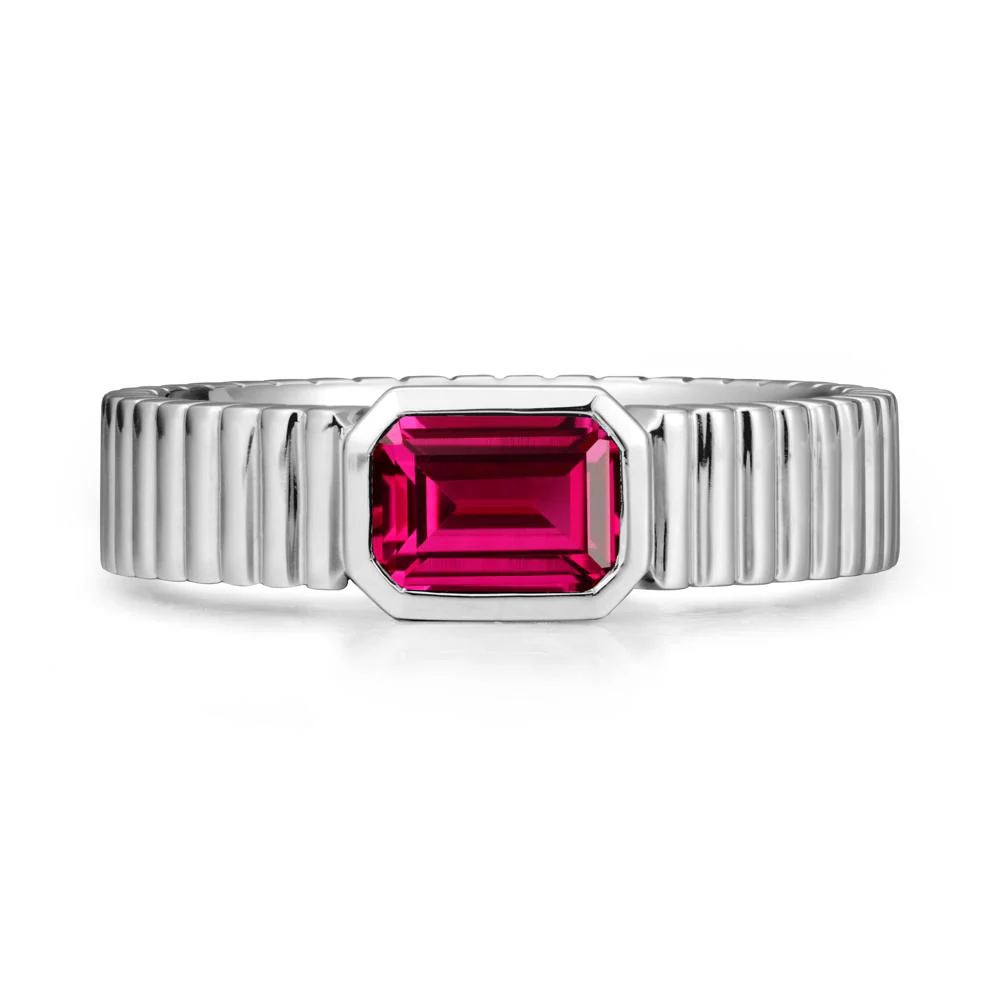 Ribbed Band Emerald Cut Ruby Ring - Image 3