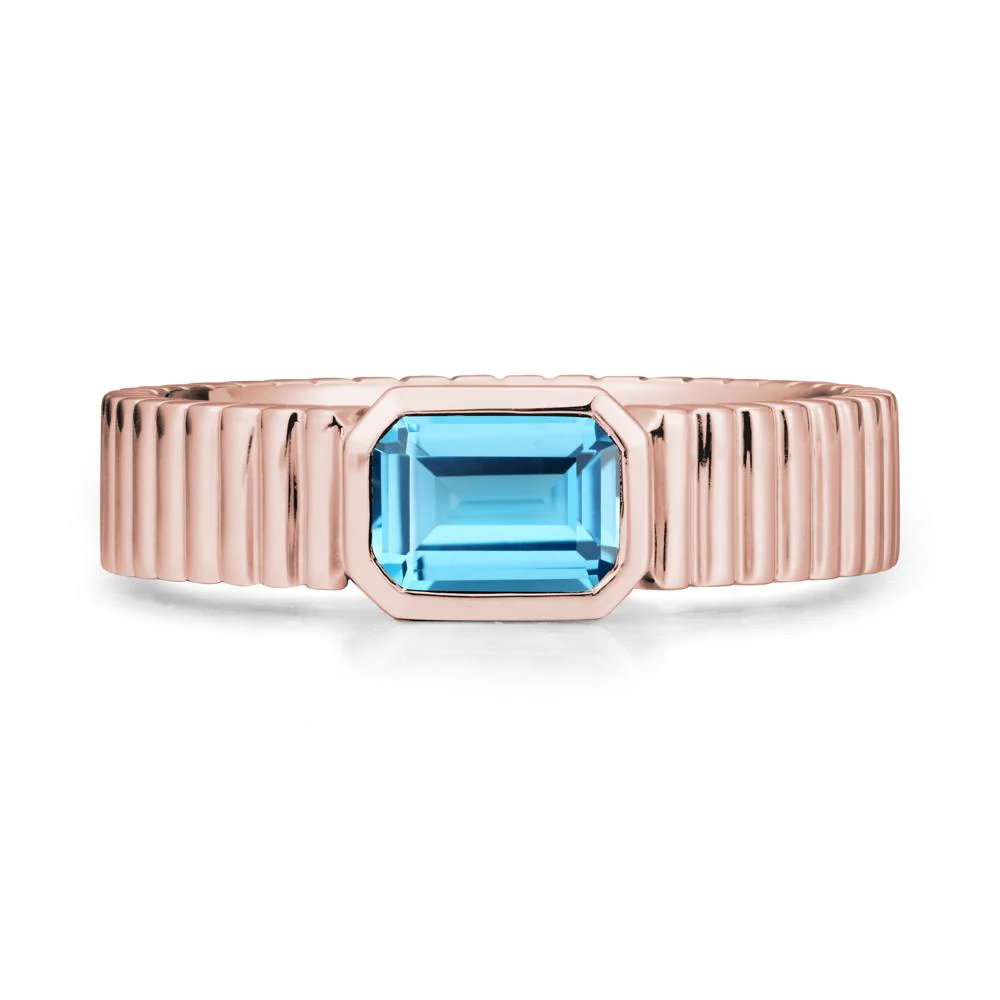 Bezel Settting Swiss Blue Topaz Ring with Ribbed Band - Image 5