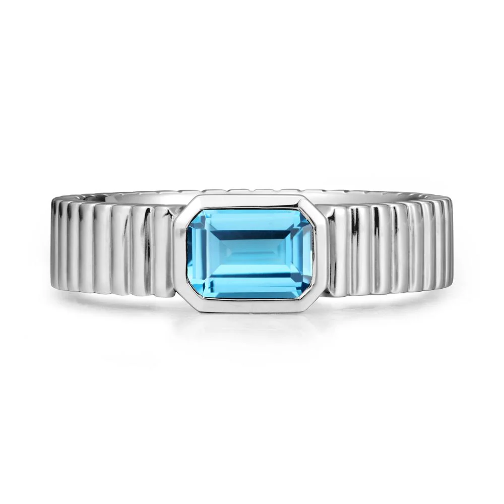 Bezel Settting Swiss Blue Topaz Ring with Ribbed Band - Image 6