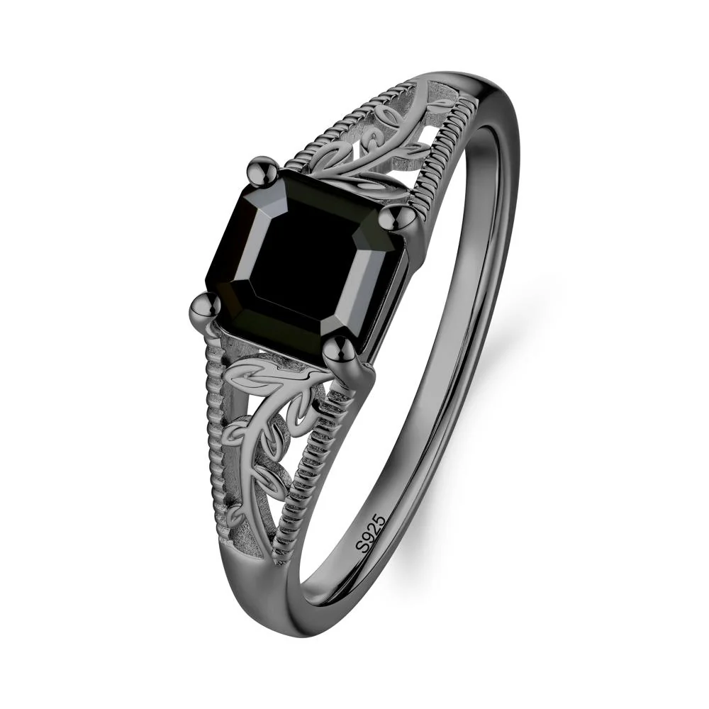 Milgrain and Filigree Leaf Black Spinel Ring