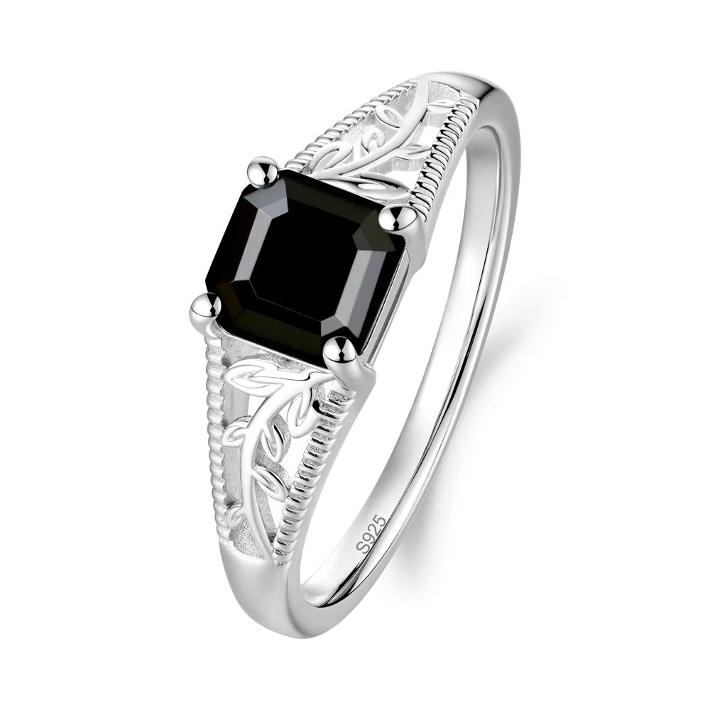 Milgrain and Filigree Leaf Black Spinel Ring - Image 6