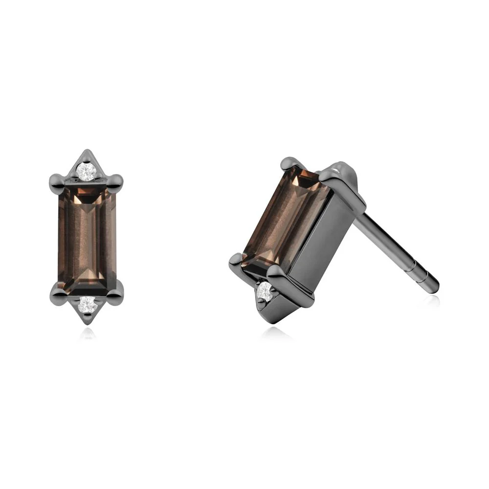 Minimalist Baguette Smoky Quartz Stud Earrings - Image 3