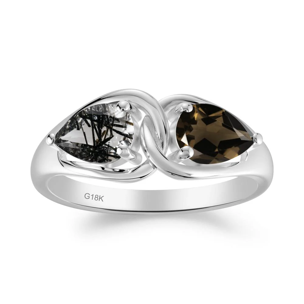 Minimalist Pear Cut Black Rutilated Quartz and Smoky Quartz Infinity Ring - Image 2