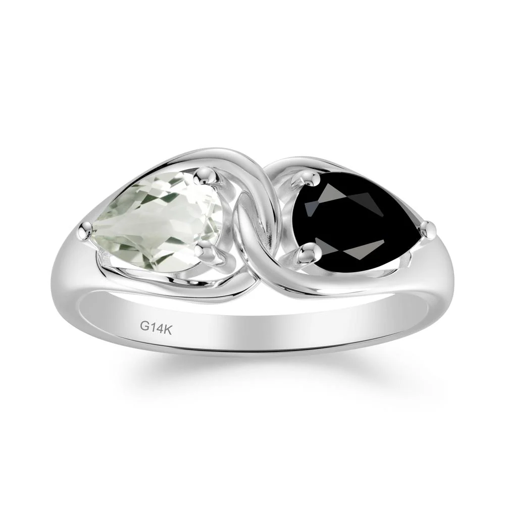 Minimalist Pear Cut Black Spinel and Green Amethyst Infinity Ring