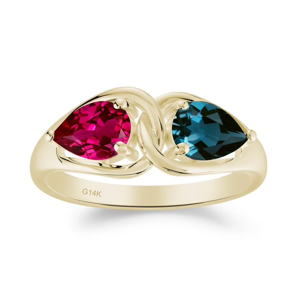 Minimalist Pear Cut London Blue Topaz and Ruby Infinity Ring - Image 9